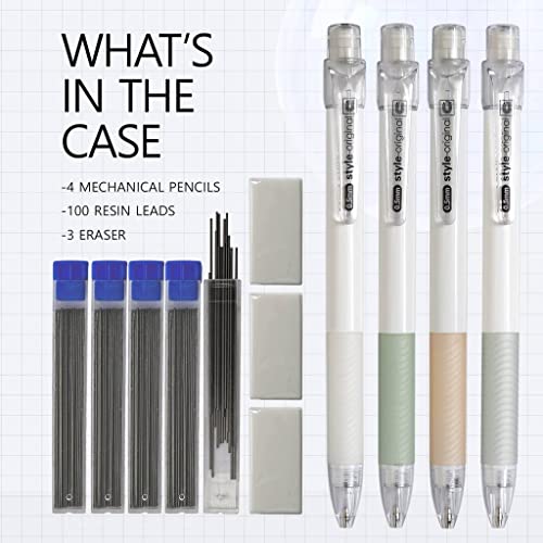 Mechanical Pencil Set 4PCS 0.5 Mechanical Pencils 100 HB Lead 3 Erasers for Students