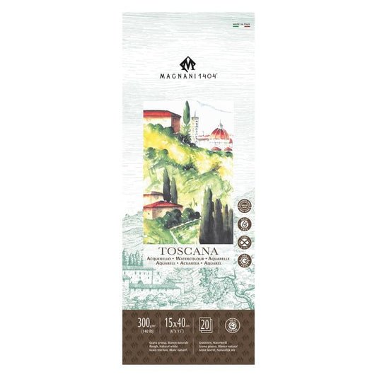 Magnani 1404 Toscana Rough 100% Cotton Watercolor Paper Pad, 20 Sheets, 6x15, 140 lb, Acid-Free, UV Resistant, Deckled Edges, Vegan Sized Water Color Paper for Artists, Made in Italy - size: 6x15" Pad
