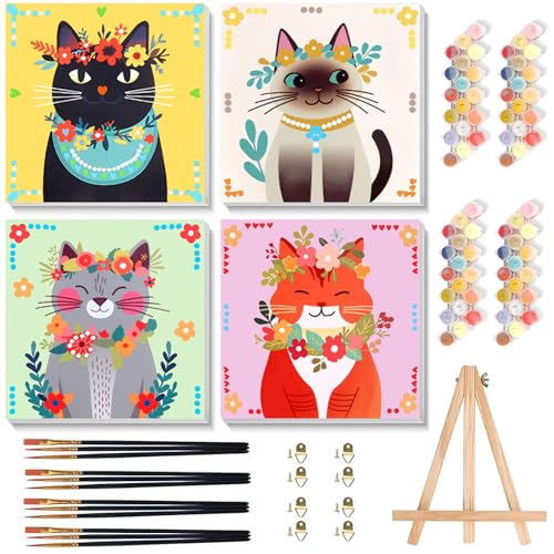 4 Pack Cat Paint by Number for Kids with Wooden Frame - Wooden Easel | Paint by Numbers for Kids Cats Ages 4-8-12, Easy Cat DIY Acrylic Oil Painting Kits for Home Wall Decor (8X8 inch) - color: BKH2194+BKH2195+BKH2196+BKH2197
