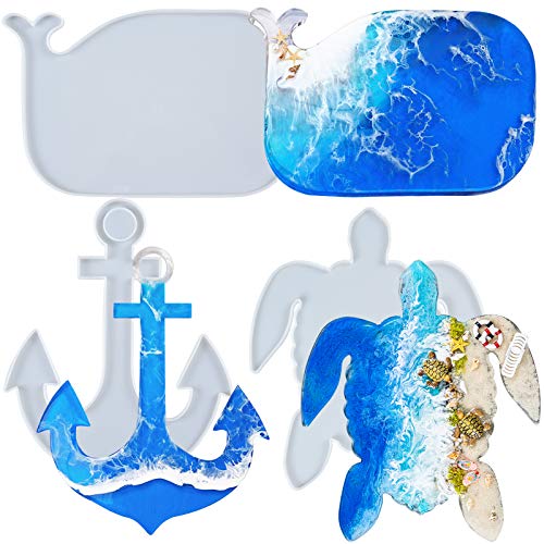 Epoxy Resin Silicone Tray Molds Turtle Whale Anchor for Serving Board, Platter, Wall Hanging, Concrete, Cement, Polymer Clay 3-in-Set Extra Large Length 12.5inch - color: Turtle Whale Anchor Shapes Boards (Set of 3)