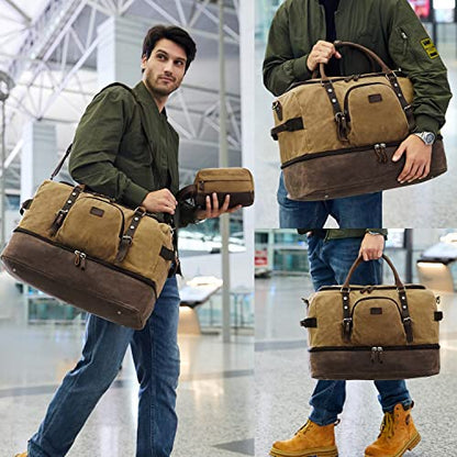 Nerlion Weekender Bag with Shoe Compartment Large Overnight Bag for Men Canvas Genuine Leather Carry on Luggage Bag Travel Duffel Bag(Brown) - color: Brown