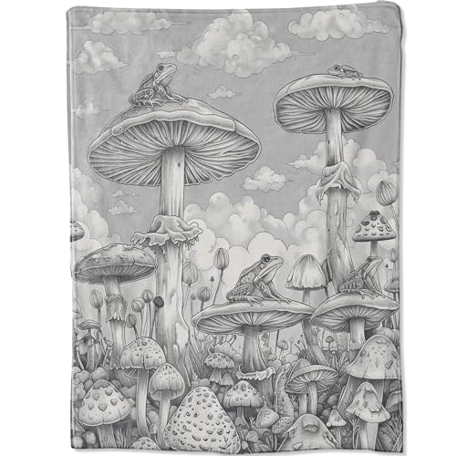 Black White Mushroom Blanket Gifts for Boys Girls Kids, Frog in Wonderful Forest Cloud Throw Blankets for Sofa Office Couch Room Decor, Cozy Lightweight Warm Soft Throws, 50x60 in - color: Mushroom 02, size: 60x50in