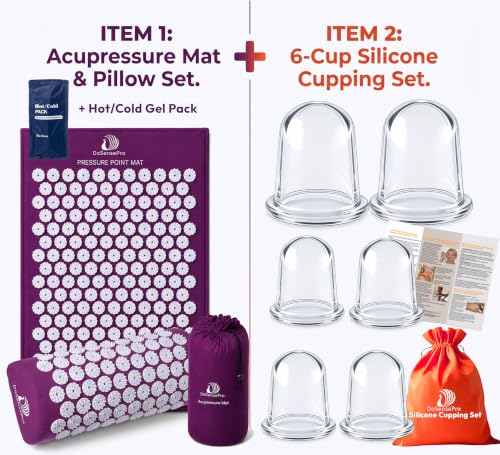 Purple Acupressure Mat & Pillow Set + 6-Cup Cupping Set Bundle