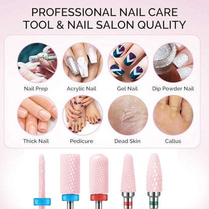 MelodySusie Ceramic Nail Drill Bits Set, 3/32'' (2.35mm) Professional Acrylic Nail File Drill Bit for Manicure Pedicure Cuticle Gel Nail Polishing, 5Pcs, Pink - color: Pink, size: 5 Piece Set