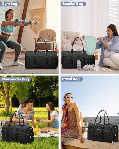 Women Weekender Travel Duffle Bag: Travel Duffel Overnight Bags with Shoe Compartment Large Carry on Tote with 2 Toiletry Bags Weekend Traveling Yoga Gym Hospital Bag for Womens with Wet Pocket Black - color: 19-Black - 3 PCS, size: Large