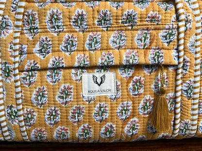 Large Capacity Handblock Printed Yoga Mat bag for Women, Gym Bag, Fits Yoga Blocks, Adjustable strap, Pilates, Gym, Fitness Block & Gear, Light and Durable - color: Marigold Earth