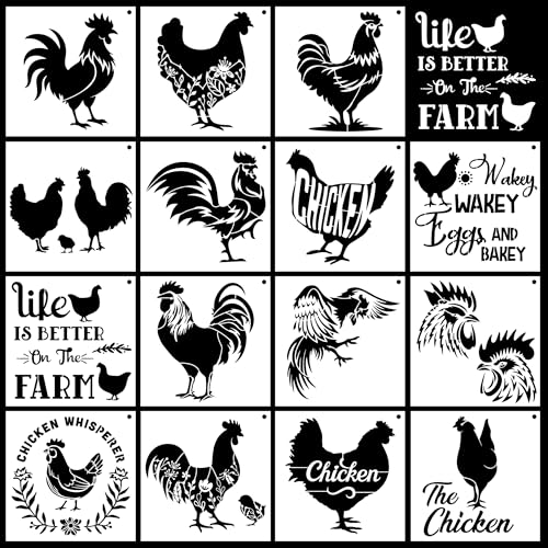 Keluna Farmhouse Chicken Stencils - 15 Pcs Farm Stencil Set for Wood Crafts, Farmhouse Chicken Rooster Stencil - style: chicken stencil
