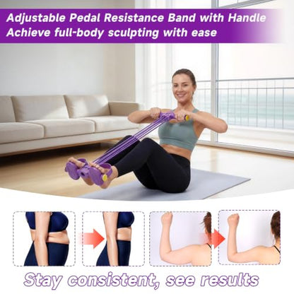 Pedal Resistance Band with Handles, Adjustable 6-Tube Detachable Workout Band, Thai Natural Rubber Tension Rope for Abs Arms Waist Legs, Home Fitness Equipment - color: purple