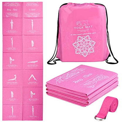 Foldable Yoga Mat for Women, Non Slip Exercise Mat for Home Gym, 5mm Travel Yoga Mats Set With Stretch Strap for Yoga Pilates and Fitness, 68"L x 24"W x 0.2 Inch Thick - color: Pink