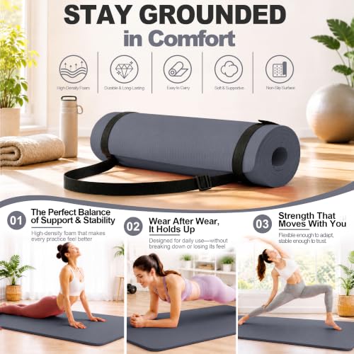 HULKFIT High Density Non Slip Yoga Mat, Extra Thick Exercise Mat with Carrying Strap, for Pilates, Fitness, Home Gym & Floor Workouts - Multiple Thickness & Multiple Color - color: Graphite, size: 71"L x 24"W x 0.5"Th