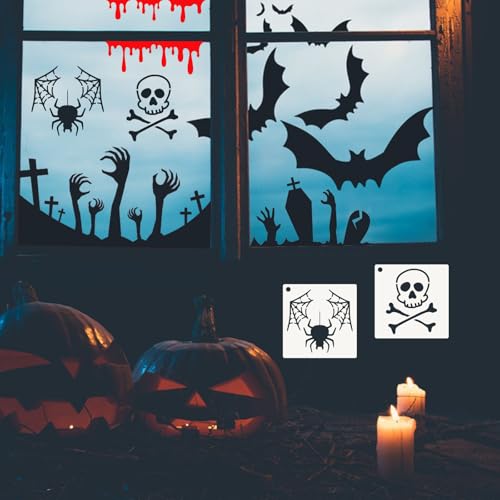 80 Pcs 4 x 4 Inch Halloween Stencils for Painting on Wood, Reusable Happy Pumpkin Spider Web Stencil DIY Ornaments Ghost Paint Template Set for Wall Door Home Decor - style: Halloween