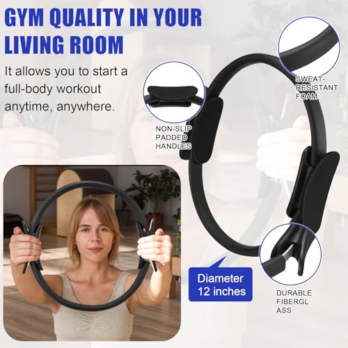 Silipull 10 Pcs Pilates Ring Blocks Set for Women Home Yoga Equipment Accessories Pilates Ring Circle and Ball Workouts Gift Include Ball Yoga Circle Resistance Bands Block Straps Gym Bag - color: Black