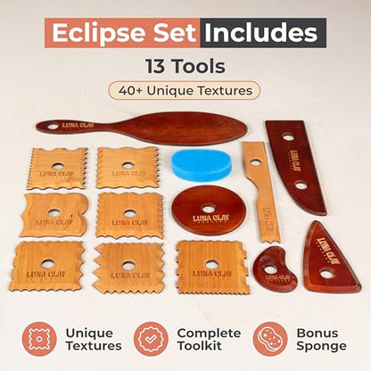 Pottery Tools & Ribs Set | 13 Pack - Kiln-Dried Cherry Wood Clay & Ceramic Tools for Trimming, Shaping & Wheel Throwing, Non-Warping, Home or Studio Use, Bonus Pottery Sponge Included - color: Eclipse (13 Tools)