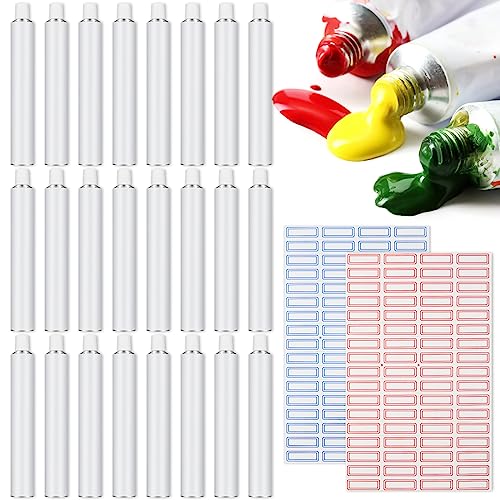 Qeeenar 24 Pcs Empty Aluminum Paint Tubes 20 ml Paint Tubes for Making Paint and Store Remaining Paint Acrylic Oils Watercolor Gouaches, with 2 Sheets Self Adhesive Label