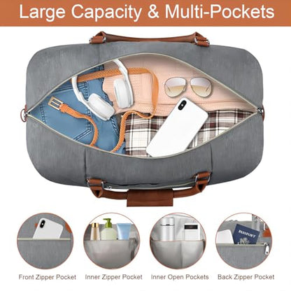 ITIEZY Weekender Bag for Women 21.5" Travel Duffel Large Carry On Bag 3PCS | Nylon Duffel Bag with Waterproof Shoe Compartment, Crossbody Bag and Toiletry Bag, Travel Weekend Hospital Overnight Gym Bag - color: 1-Grey