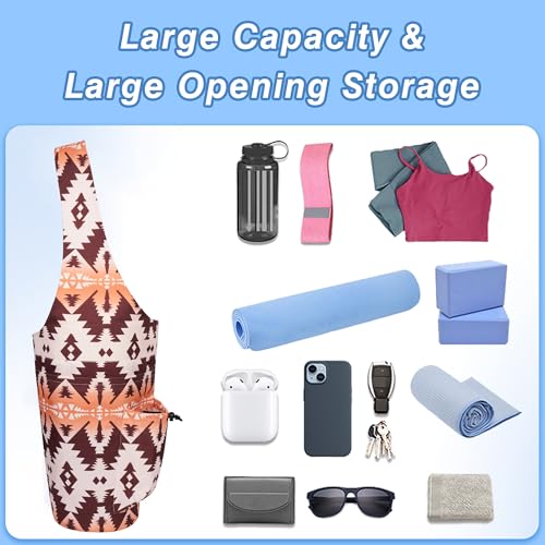 Yoga Mat Bag - Large Opening Long Tote Yoga Mat Carrier Holder Bag with Waterproof Wet Zipper Pocket and Drawstring Water Bottle Pocket - Yoga Bag Fit Most Size Mats - color: Boho Camel