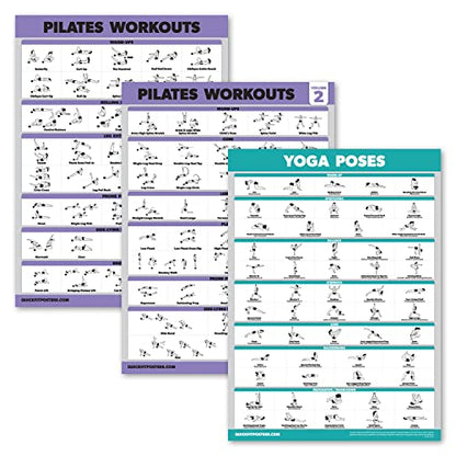 Palace Learning 3 Pack - Pilates Workout Posters Volume 1 & 2 + Yoga Poses - Pilates Mat Work Exercises - Fitness Chart Set (18' x 24", LAMINATED)