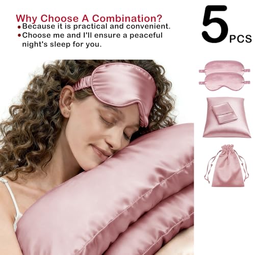 5Pcs Silky Sleep Mask Eye Masks Breathable Soft Satin Pillowcases Set for Sleeping Similar to Silk Pillowcase Travel Gift - color: Dusty Rose-queen Size