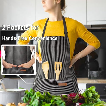 BeLuyi Adjustable Bib Apron with 2 Pockets Chef Cooking Kitchen Restaurant Aprons for Women Men - color: Black Pinstripes