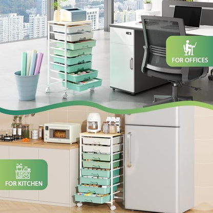 Goovilla Rolling Cart with 8 Drawers for Art, Dorm, Office, Craft, Green | Utility Cart Organizer With 8 Removable Drawers and Wooden Tabletop, Lockable Rolling Storage Organizer for Classroom, Home - size: Green