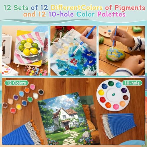 120pcs 8x10 Inch Painting Supplies Kit, 12 Colors Mini Acrylic Paint Set | 12 Pack Art Canvas Bulk with Easel Stand, Small Paint Brushes, Paint Trays, Paint Canvas Kit