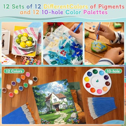 120pcs 8x10 Inch Painting Supplies Kit, 12 Colors Mini Acrylic Paint Set | 12 Pack Art Canvas Bulk with Easel Stand, Small Paint Brushes, Paint Trays, Paint Canvas Kit