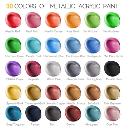 Metallic Acrylic Paint Set of Premium 30 Colors with Boxes, Professional Grade Metallic Paint with 1fl oz（30ml） Bottles, Non-Toxic, Rich Pigments - For Artists, Hobby Painters, Kids