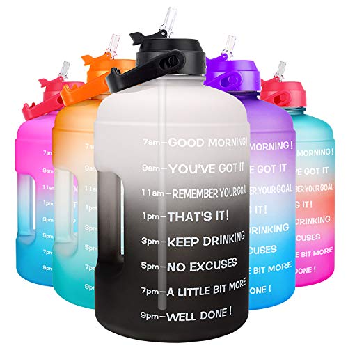 QuiFit 1 Gallon Water Bottle - with Straw & Motivational Time Marker Leak-Proof BPA Free Reusable Gym Sports Outdoor Large(128OZ/73OZ) Capacity Water Jug - color: QFA1 Gray/Black Gradient, size: 128 Ounces