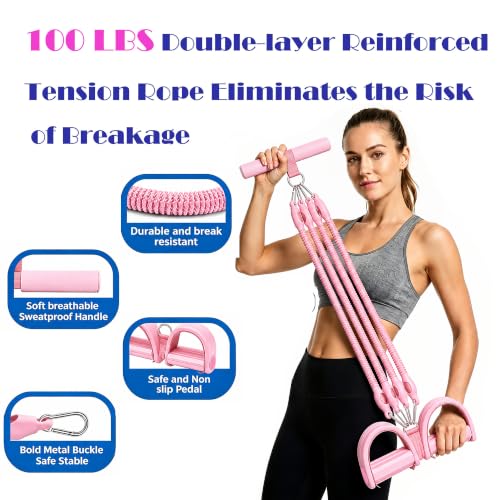 Resistance Band with Handle 100LBS Pedal Resistance Bands for Pilates Yoga Physical Therapy Leg,Abdomen,Waist,Arm,Workout Bands Exercise Resistance Bands Set for Women - color: Pink with foot massagers