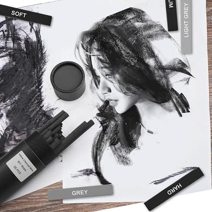 24 Pcs Compressed Charcoal Sticks with Soft, Medium, Hard and White Charcoal, Square Charcoal Stick Kit for Drawing, Sketching and Shading (12 Black + 4 Gray + 8 White) - color: 12 Black + 4 Gray + 8 White