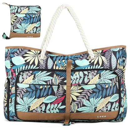 Beach Bag for Women - 35L Large Tote Bag, Waterproof & Sandproof, Zippered Carry On Bag for Pool, Beach & Travel - color: Blue Jungle