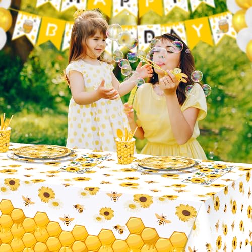 1Pc Bees Party Plastic Tablecloth 54 x 87 Inch Long Table Cover, Honey Sunflower Honeycomb Daisy Party Tablecover for Bee Kids Baby Shower Birthday Dinner Picnic Kitchen Event - color: Bees
