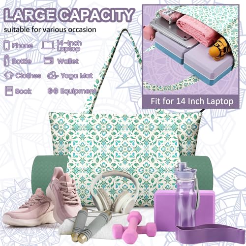 Yoga Bag for Women, Large Canvas Yoga Mat Tote Bag with Yoga Mat Carrier | Large Mat Pocket Fitness Tote for Pilates, Gym, Travel, Office & Beach - color: Green Flower