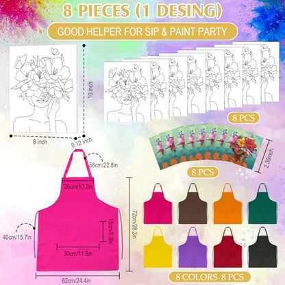 Cholemy 8 Set Paint and Sip Kit for Adults 8'' x 10'' Pre Drawn Canvas with Wooden Easels Acrylic Paint Brushes Wash Cup Palette Apron for Painting DIY Date Night Party Supplies(Flower Lady) - style: Flower Lady