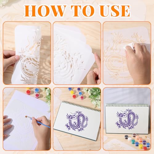 ORIGACH 4 Pcs Western & Chinese Dragon Stencils - 7.8x7.8 inch | Reusable Western & Chinese Dragon Large Stencils for Drawing, Painting on Wood, Canvas, Wall - style: Dragon
