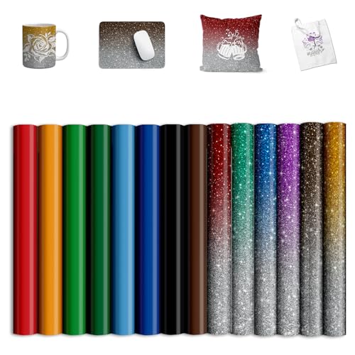 Sublimation Transfer Ink Sheets for Cricut Heat Press, Solid Color Glitter Pre-Inked Transfer Paper for T-Shirts, Mugs, Tumblers, 12"x10",14pcs
