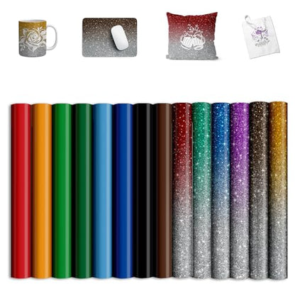 Sublimation Transfer Ink Sheets for Cricut Heat Press, Solid Color Glitter Pre-Inked Transfer Paper for T-Shirts, Mugs, Tumblers, 12"x10",14pcs