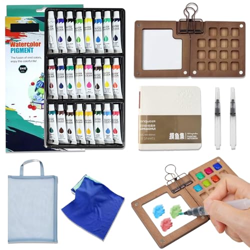Mini Watercolor Travel Set, 24 Color Pocket Watercolor Set with Brush, Sketchbook and Towel for Artists, Beginners, Students and Urban Sketching (15 Grids)