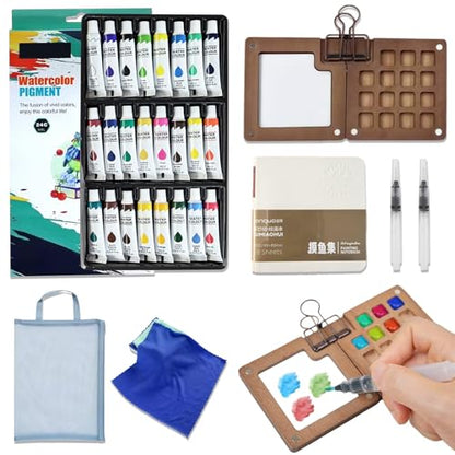 Mini Watercolor Travel Set, 24 Color Pocket Watercolor Set with Brush, Sketchbook and Towel for Artists, Beginners, Students and Urban Sketching (15 Grids)