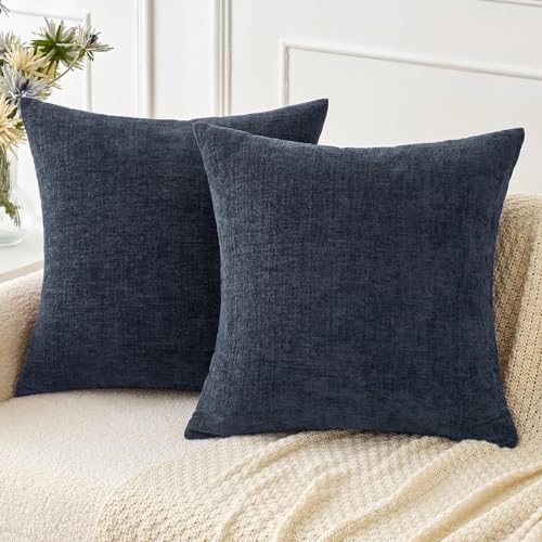 MIULEE Soft Chenille Throw Pillow Covers Dark Navy 16x16 Inch Pack of 2 | Modern Coastal Home Decor, Classic Decorative Pillows, Solid Dyed Cases, Boho Couch Cushion Covers for Sofa Bed Living Room - color: Dark Navy, size: 16" x 16" (Pack of 2)