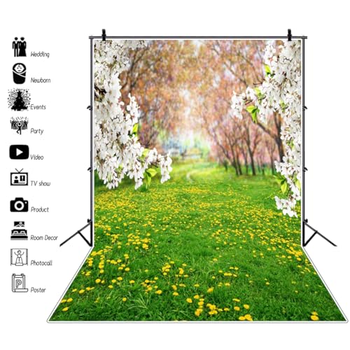 AOFOTO 8x10ft Spring Scenic Backdrop Sweet Flowers Photography Background Meadow Floral Blossoms Garden Florets Grassland Park Trees Kid Baby Portrait Photo Shoot Studio Props Video Wallpaper Drape - size: 8x10ft