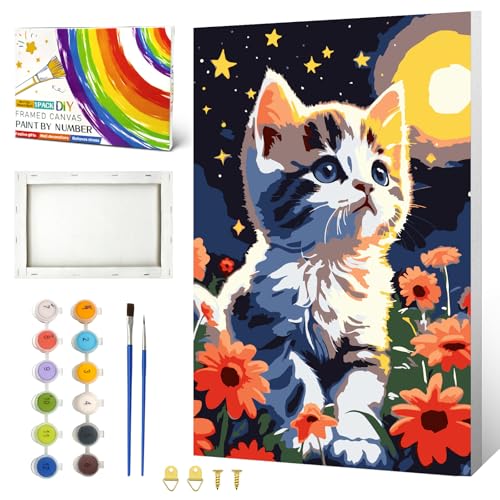 Cat Paint by Number with Frame,Easy Painting for Beginner,Colourful Box | Paint by Numbers Kit for Adults,Animal Canvas with Paints & Brushes Home Wall Decor,Stress Relief Craft,8x12inch - color: A-09-cat