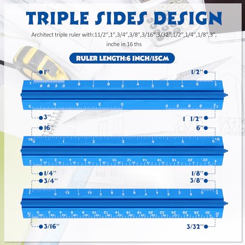 Fumete 12 Pack 6 Inch Architectural Engineering Scale Rulers Small Scale Ruler Pocket Size Scale Ruler Construction Rulers Imperial Measurements for Architects Engineering, Draftsman Drawing(Blue) - color: Blue