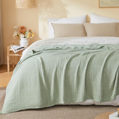 EMME Cotton Muslin Large Throw Blanket Couch Breathable Gauze Soft Lightweight Bed Blankets Adults (Heather Sage Green, 50"x70") - color: 09 - Sage Green, size: Large Throw (50" X 70")