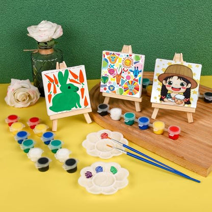 ESRICH 12 Set Mini Acrylic Paint Kit, Mini Stretched Canvas with Easel | Acrylic Paint Strips, Paint Palettes, Painting Brushes, Mini Canvas and Easel Set for Kids Artists Beginner, Gift