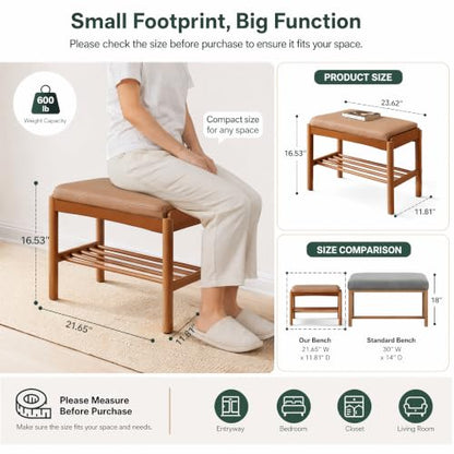Solid Wood Shoe Bench, 24 Inch Entryway Bench with Brown Leather Cushion - color: Walnut + Brown Leather Cushion, size: 23.62"