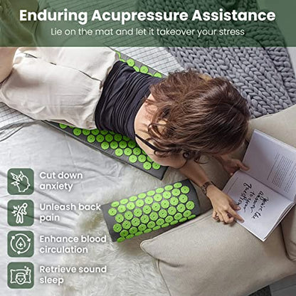 ROMIX Acupressure Mat And Pillow Set, Back Neck And Shoulder Pain Relief - color: Green