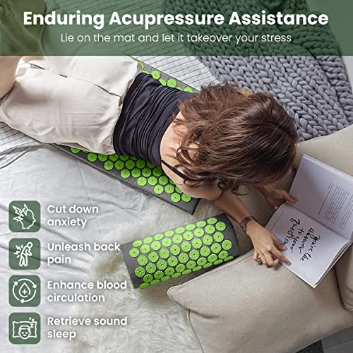 ROMIX Acupressure Mat And Pillow Set, Back Neck And Shoulder Pain Relief | Stress Reduction, Muscle Relaxation, Wellness Therapy, Carry Bag, For Men And Women, Home Use, Acupuncture Mat Set - color: Green