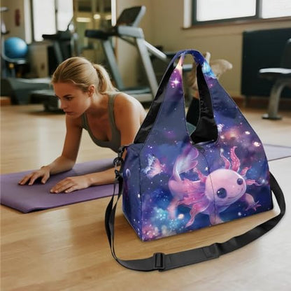 Gym Bag with Yoga Mat Holder Large Tote Bag With Multi Pockets for Women Men Dry Wet Separated Pocket Carryall Yoga Tote Bag for Pilates Travel Workout Office - color: Galaxy Axolotl