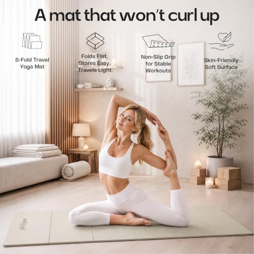 Foldable Yoga Mat, 70''x24''x0.24''(6mm）Non-slip POE Exercise Mat - color: Beige
